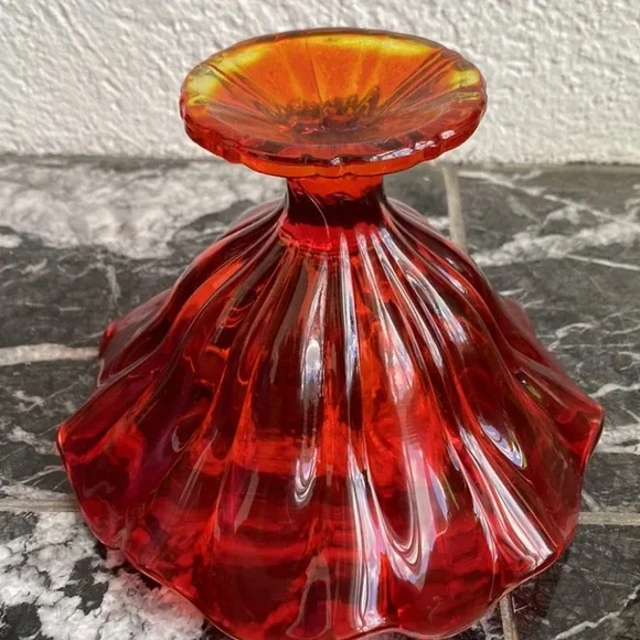 Vintage Glass Amberina Red Yellow 9 Petal Pedestal Compote/Bon Bon Candy Bowl. - Picture 6 of 8